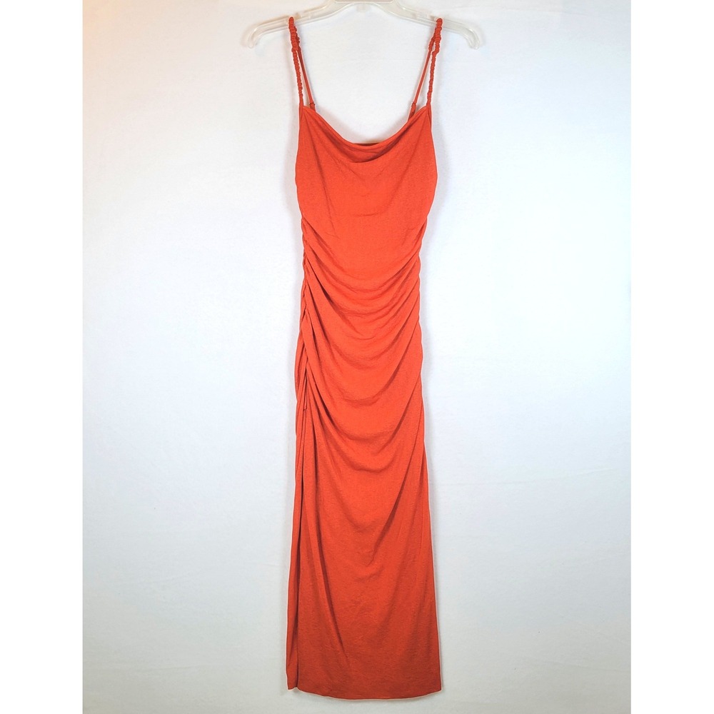 Nanushka Womens Alexa Ruched Mesh Slit Midi Tank Bodycon Dress Size Small Orange